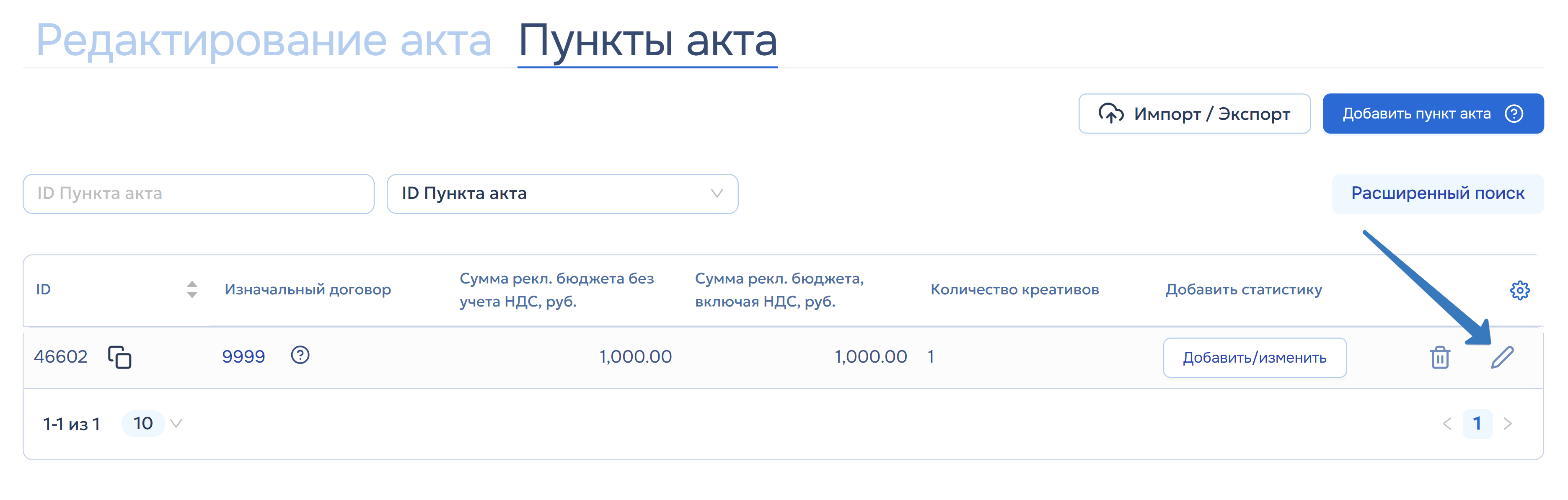 Удаление и редактирование пункта акта